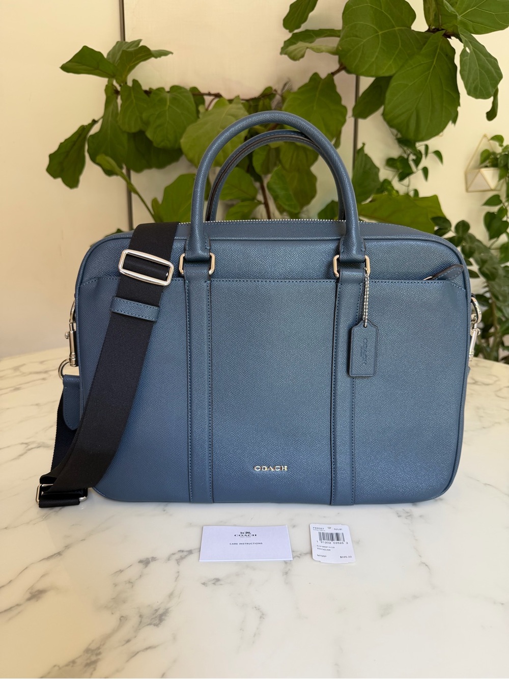 COACH Perry Slim Brief Briefcase Laptop Bag Denim Blue Leather F59057